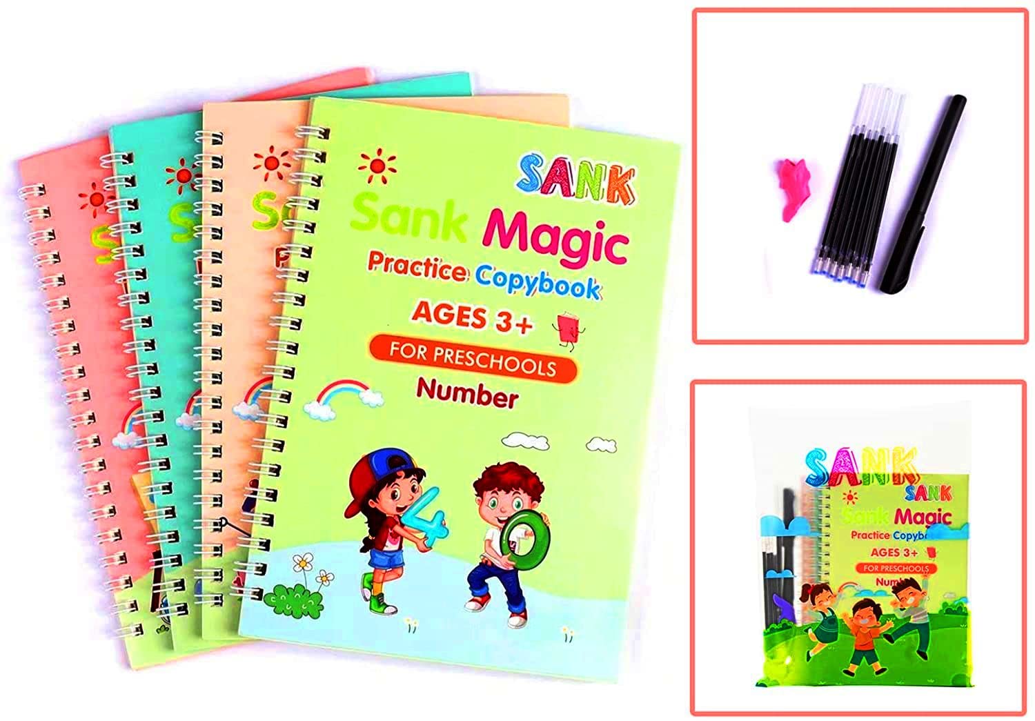 Sank Magic Practice Copybook, (Set of 4 Book + 10 Refill) Tracing Practice Book with Pen, Magic Calligraphy Set Practical