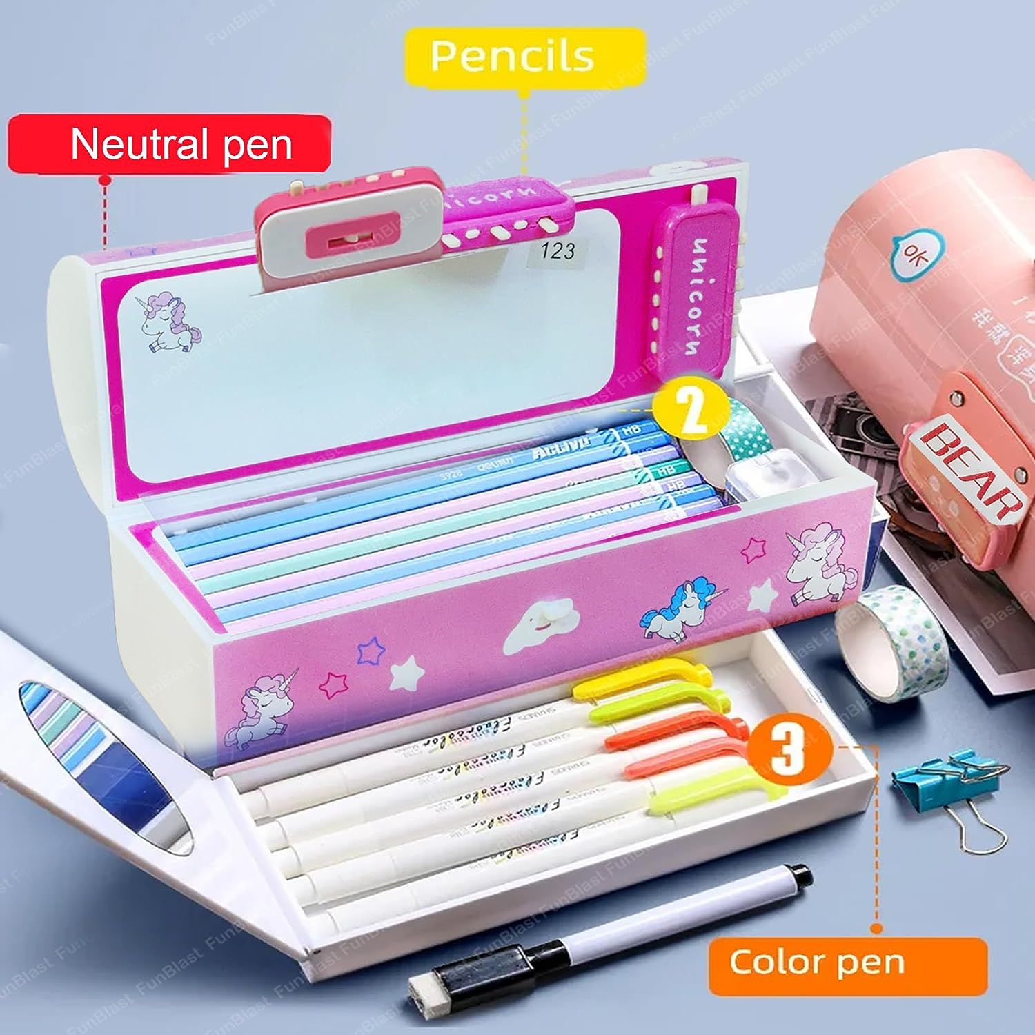 Kids Pen & Pencil Box – Suitcase Style Password Lock Pencil Case, Multi-Layer Pencil Box for Kids, Boys, Girls, Stationary Organizer Case for Kids
