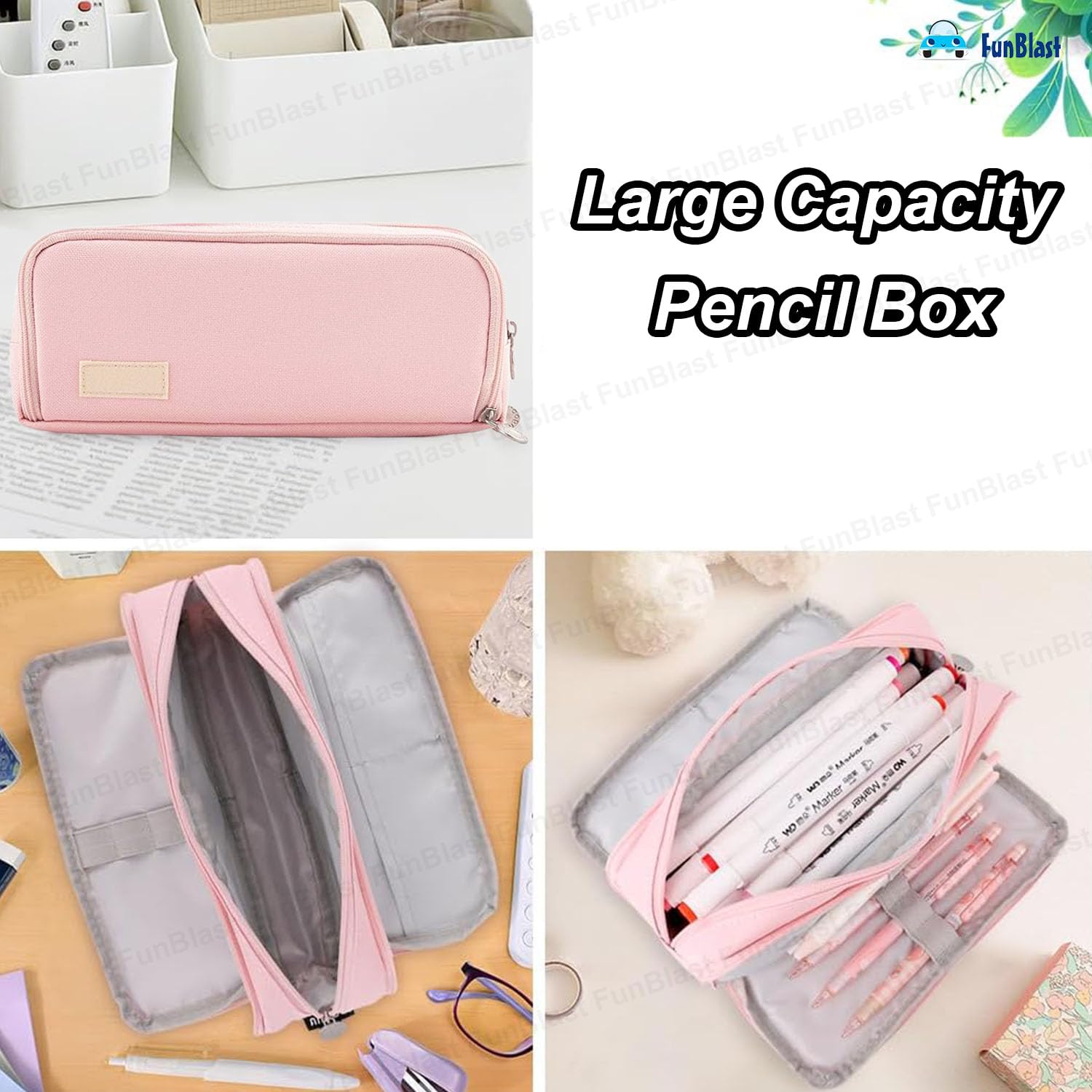 Multi-Compartment Canvas Stationery Organizer Pouch for Kids (Pink)