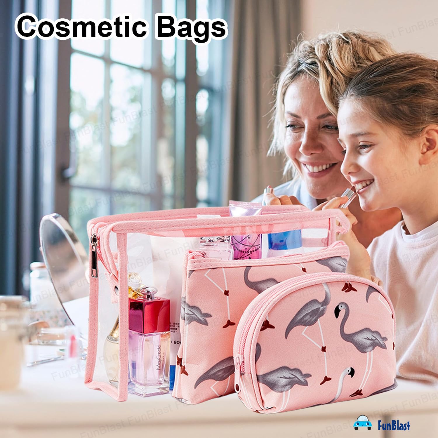 3 Pcs Flamingo Design Makeup Pouch with Zipper Lock for Girls & Women (Peach)