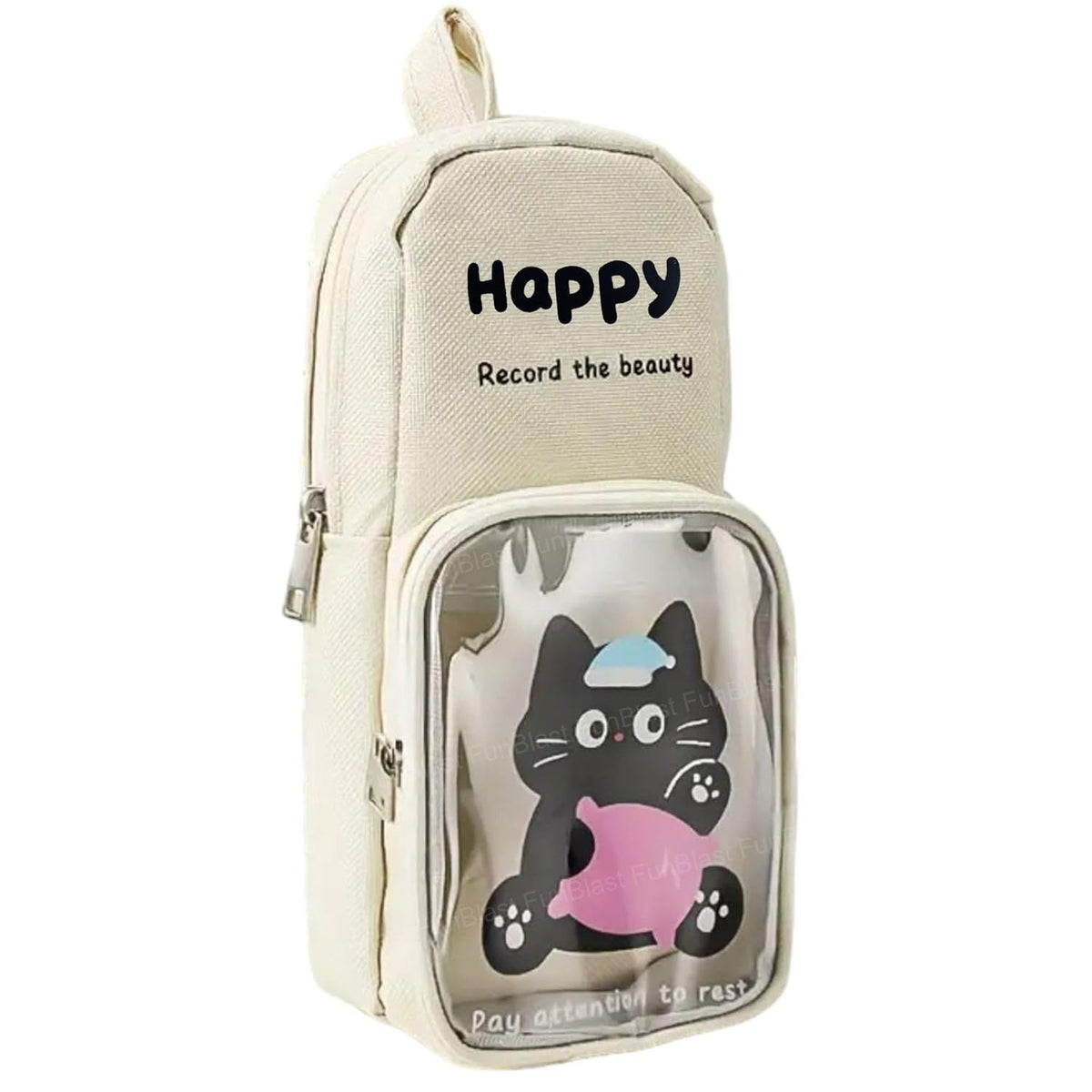 Cartoon Design Hangable Canvas Pencil Pouch for Kids (OffWhite)