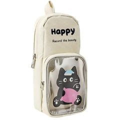 Cartoon Design Hangable Canvas Pencil Pouch for Kids (OffWhite)
