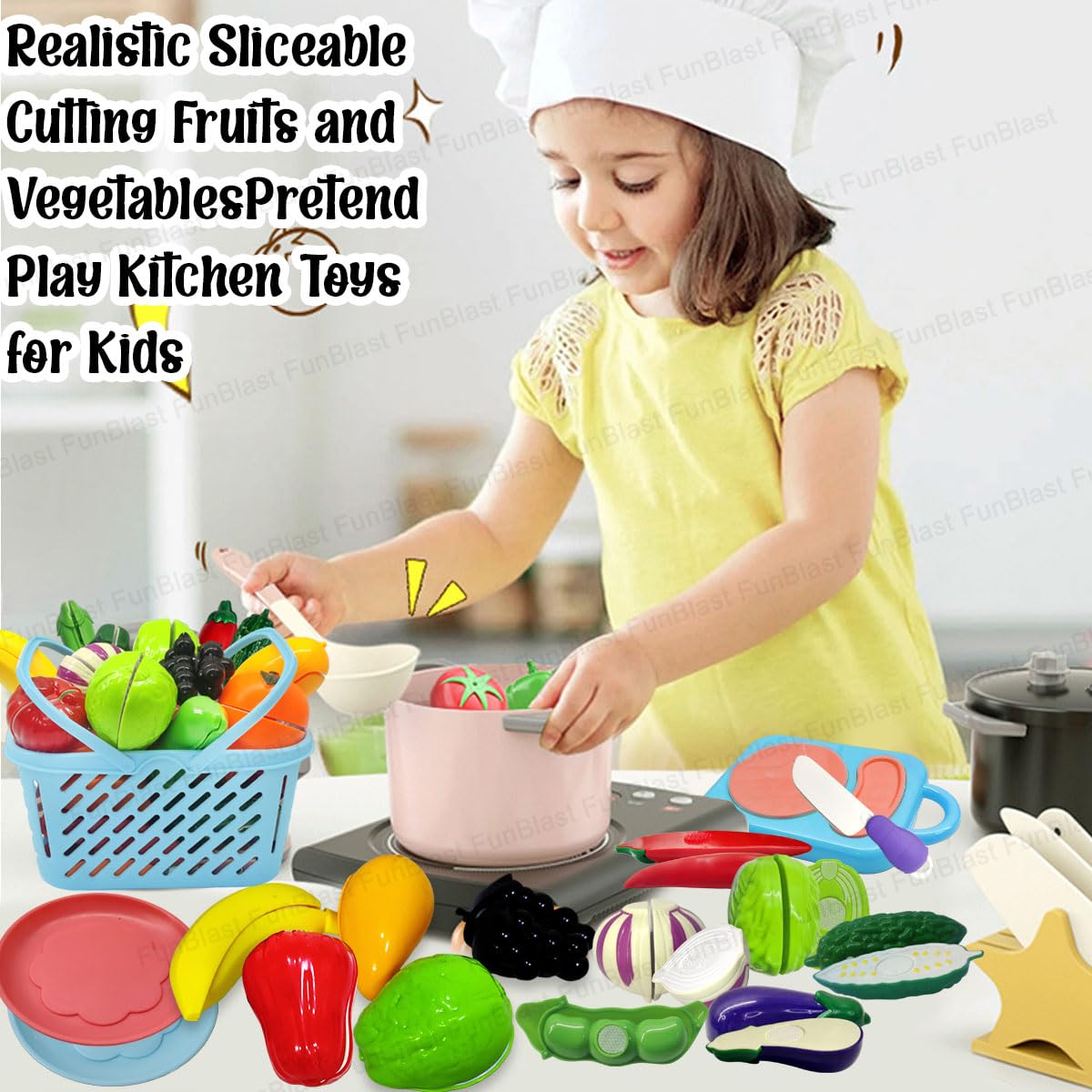 Fruits and Vegetables Play Set Toys, Realistic Sliceable Cutting Pretend Play Kitchen Toys for Kids (17 Pieces)