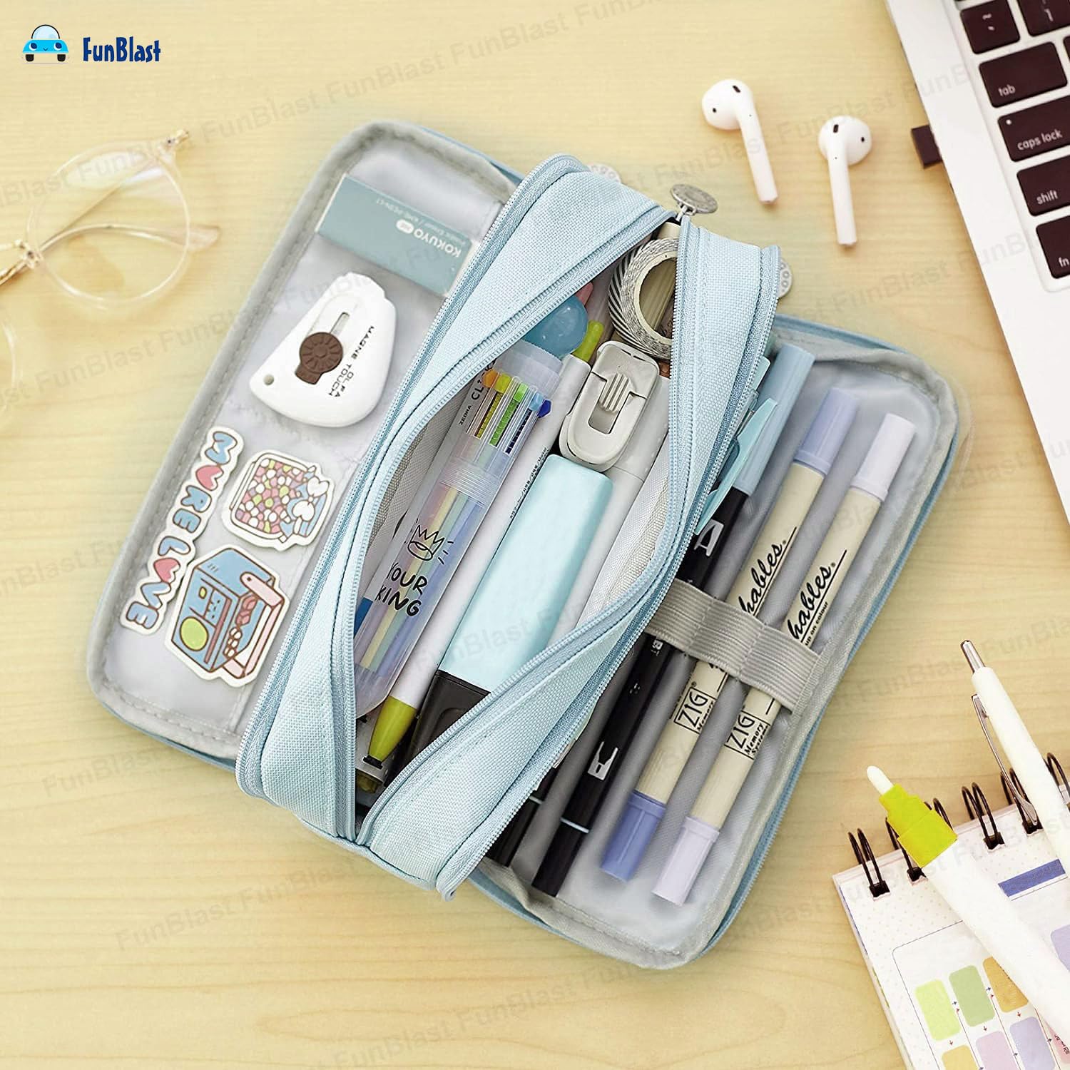 Multi-Compartment Canvas Stationery Organizer Pouch for Kids (Sky Blue)
