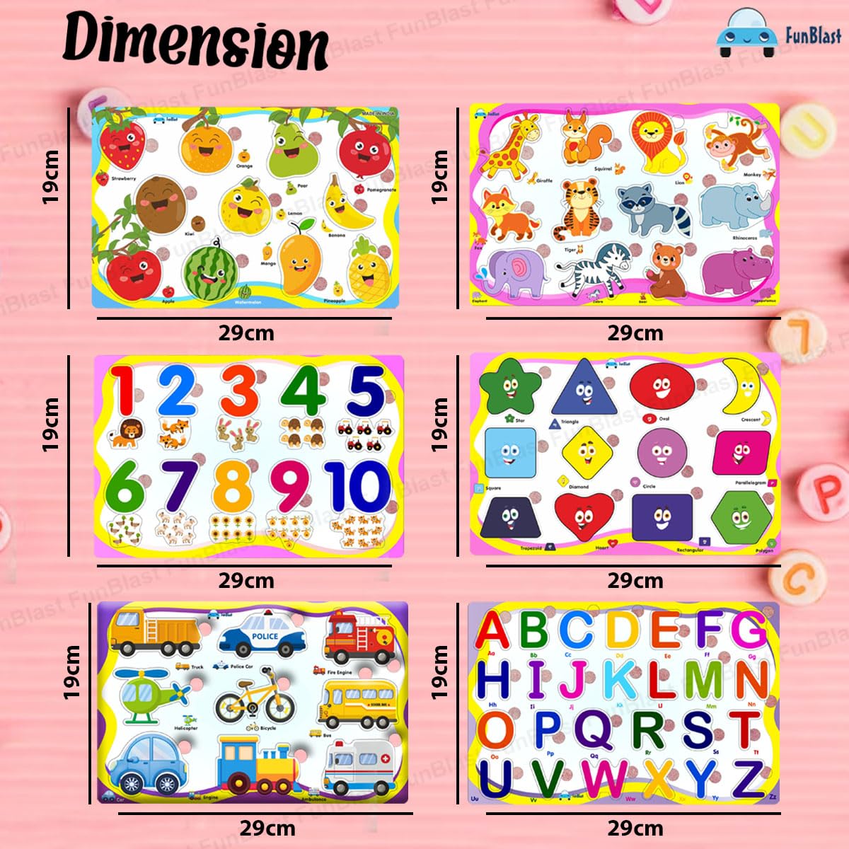 Set of 6 Puzzles Wooden Puzzle for Kids, Wooden Colorful Learning Educational Board for Kids Includes ABC, 123, Fruits, Numbers, Animals, Vehicles, Alphabet