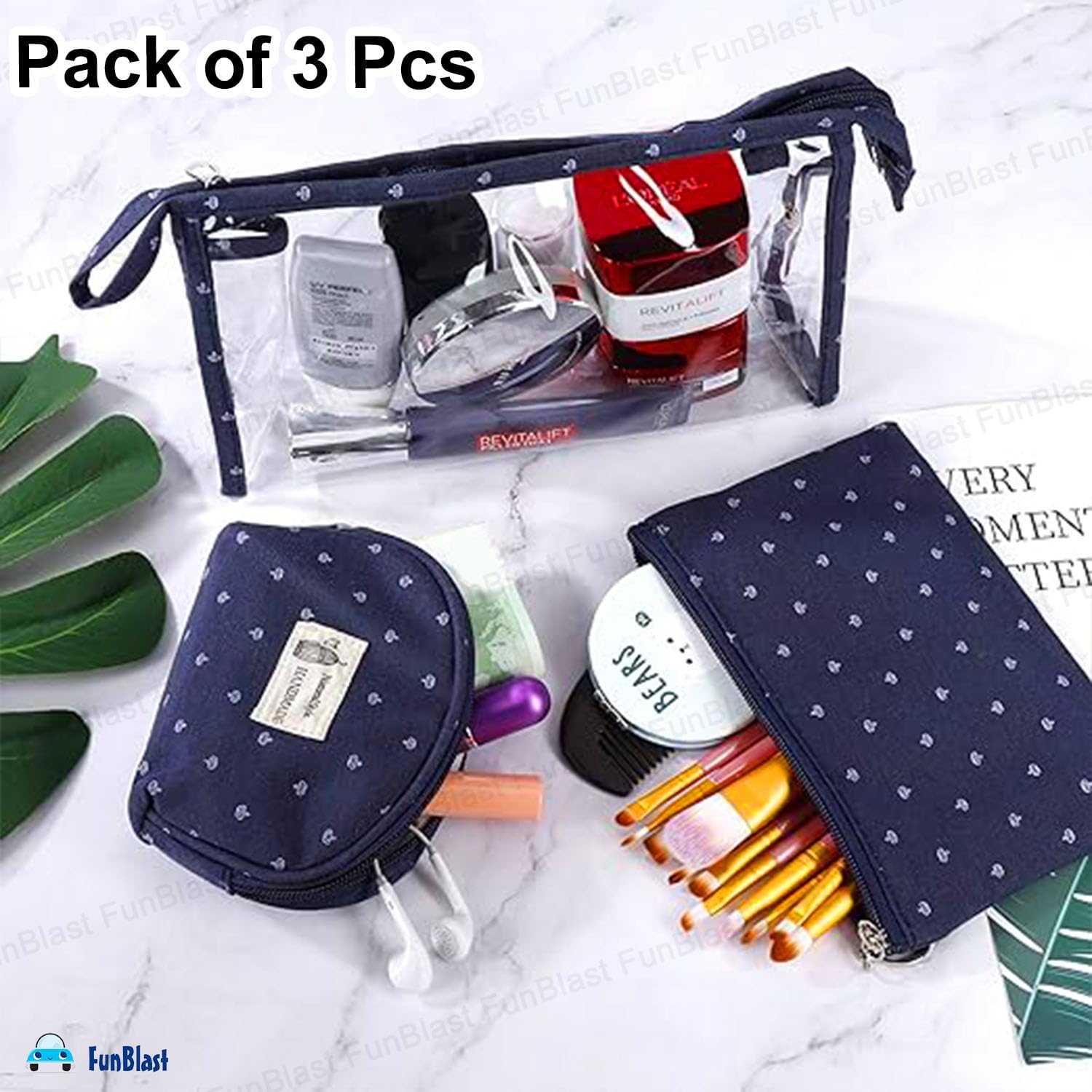 3 Pcs Cosmetic Makeup Pouch with Zipper Lock for Women (Blue)