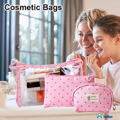 3 Pcs Cosmetic Makeup Pouch with Zipper Lock for Women (Pink)