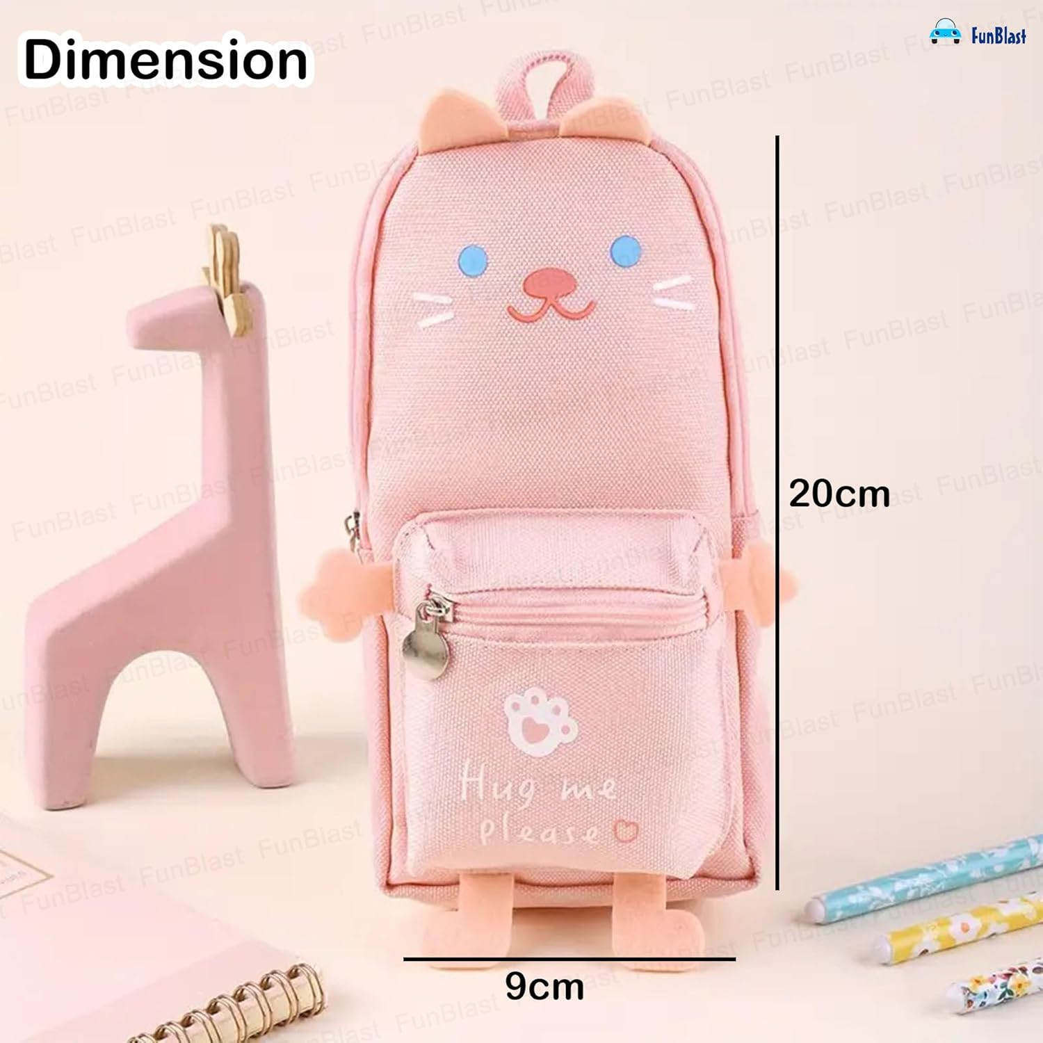 Hangable Canvas Pencil Pouch for Kids (Pink-Cat)