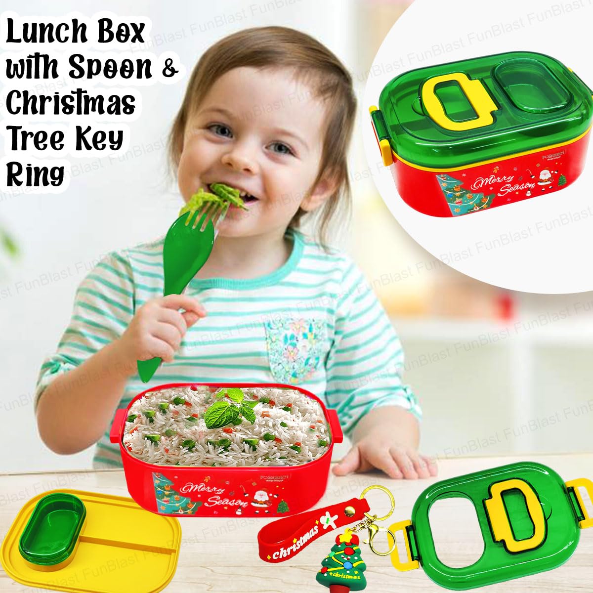 Christmas Theme Lunch Box with Spoon and Christmas Tree Key Ring, Lunch Box for School Kids, SS304 Lunch Box, Tiffin Box for School, Insulated Lunch Box