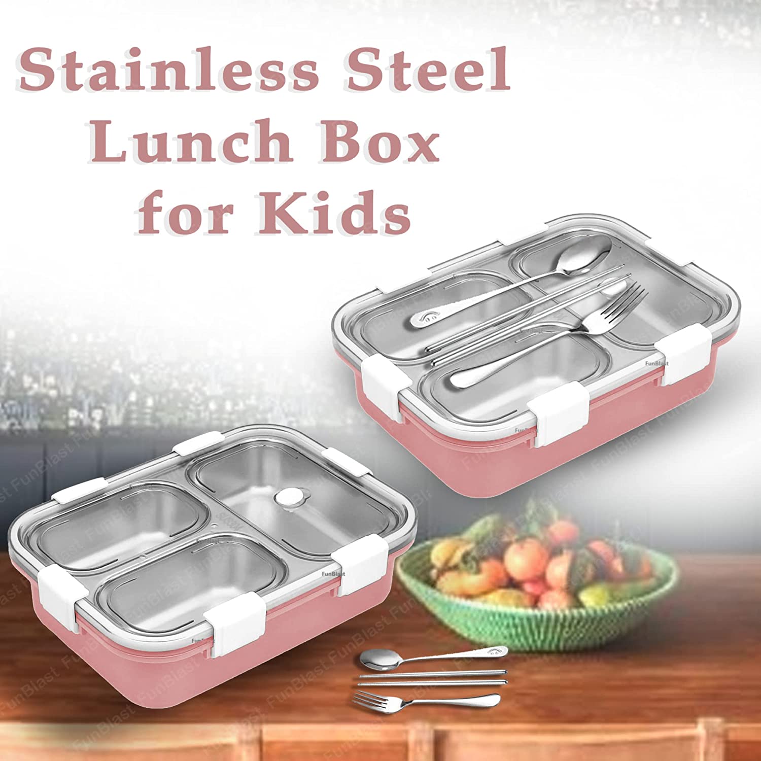 Stainless Steel Lunch Box for Kids, Tiffin Box, Bento Lunch Box with Chopstick Spoon & Fork, Insulated Lunch Box (Not Leak-Proof - for Dry Foods Only)