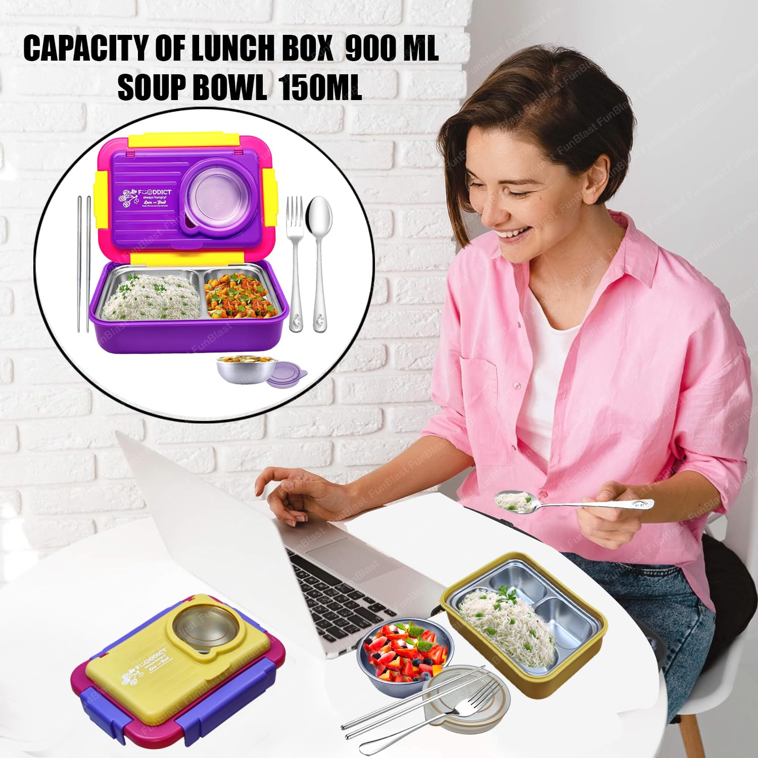 Lunch Box for Kids – Tiffin Box, Stainless Steel Lunch Box, Lunch Boxes for Office Men, 5 Compartment Lunch Box with Bowl, Spoon, Fork & Chopstick (Purple)