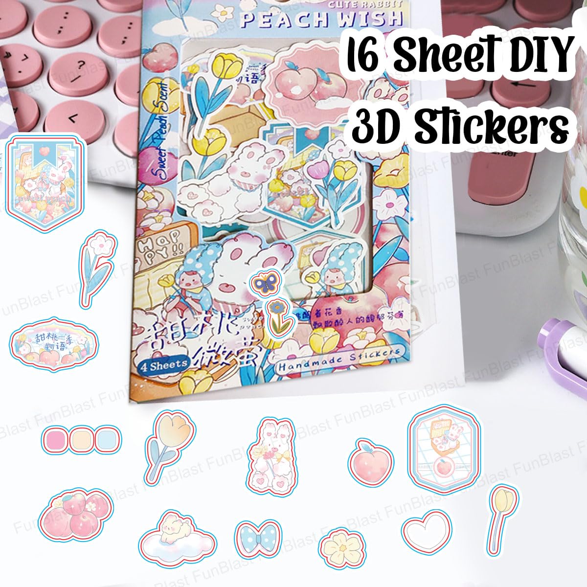 Kawaii Stickers Set – 16 Sheet (100+ Pcs) DIY 3D Stickers for Girls, Aesthetic Sticker, Stickers for Journaling, Scrapbooking (PeachWish-4X4=16Sheet)