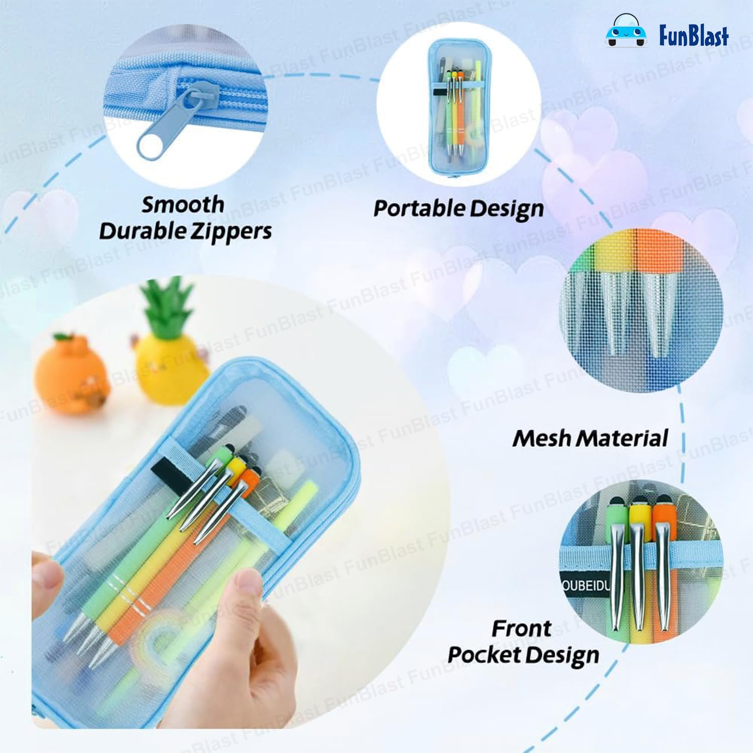 Transparent Pencil Pouch with Zipper Closure for Students (Blue)