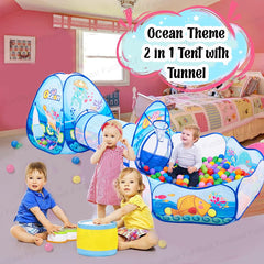 Ocean Theme 3 in 1 Kids Tent with Tunnel, Ball Pool Tunnel Tent House for Kids, Ball Pit Play House Theme for Boys Girls, Babies and Toddlers Indoor& Outdoor (Balls Not Included)