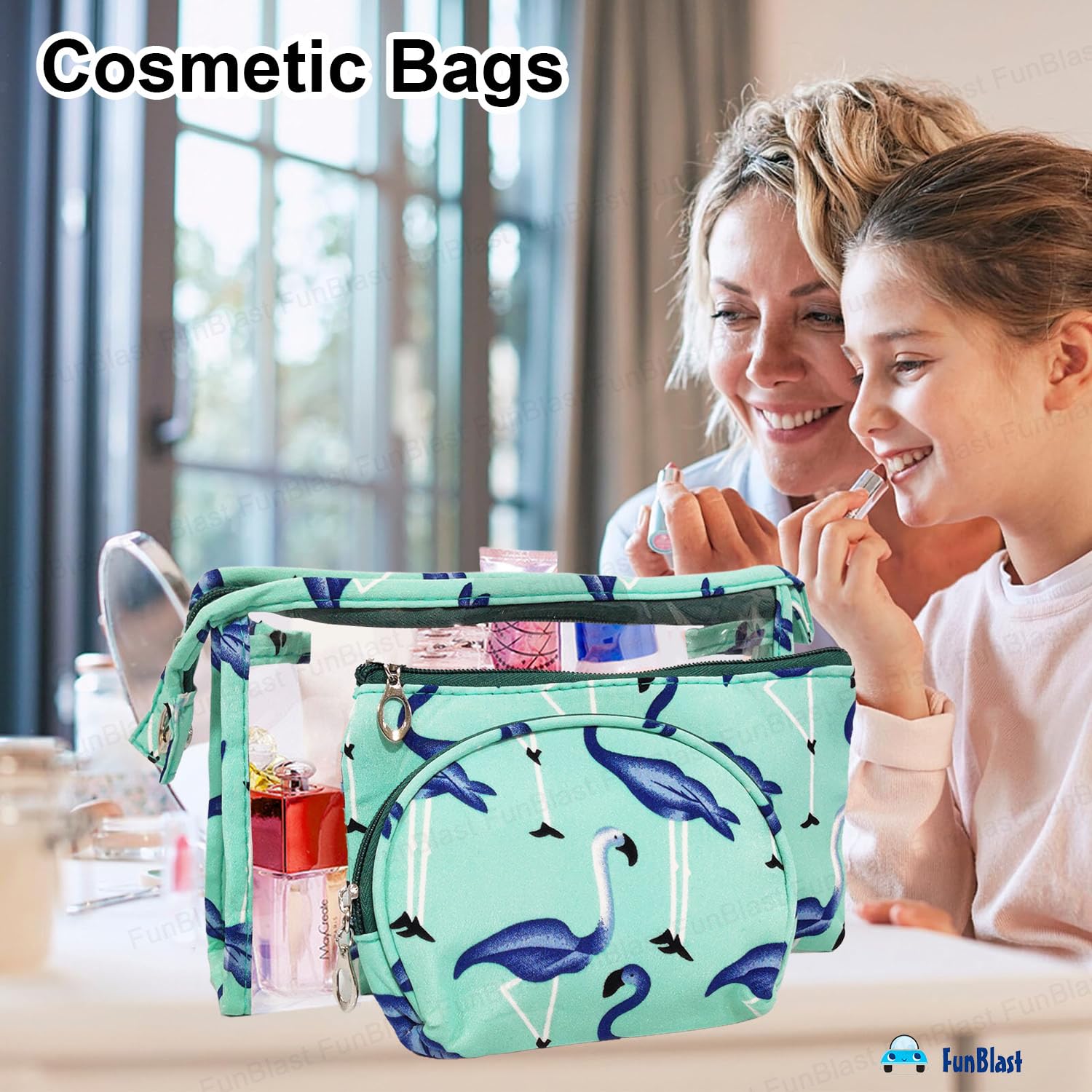 3 Pcs Flamingo Makeup Pouch with Zipper Lock for Girls & Women (Green)