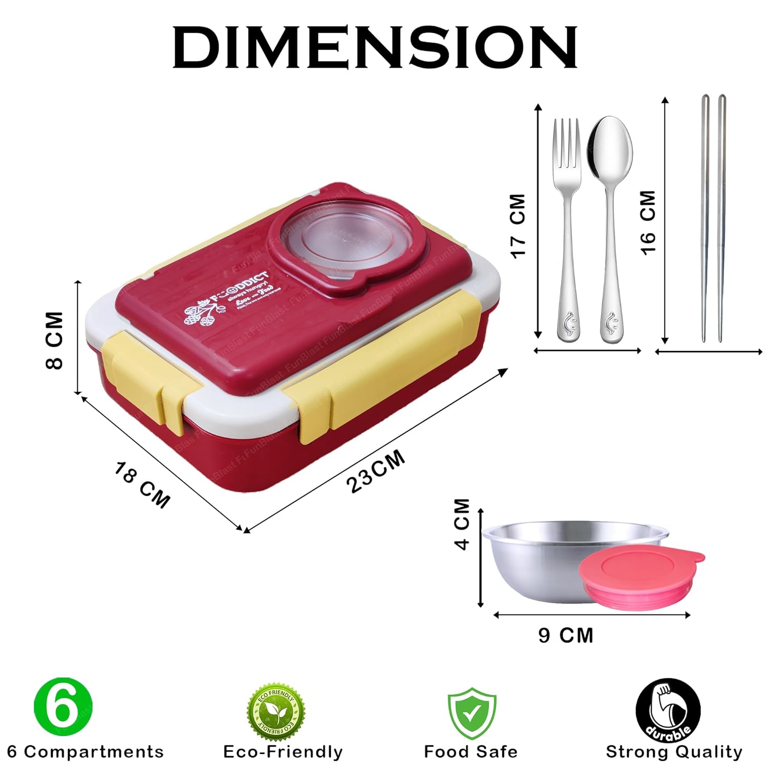 Lunch Box for Kids – Stainless Steel Lunch Box, 6 Compartment Lunch Box with Bowl, Spoon, Fork & Chopstick, Tiffin Box, Insulated Bento Lunch Box for Kids (Red)