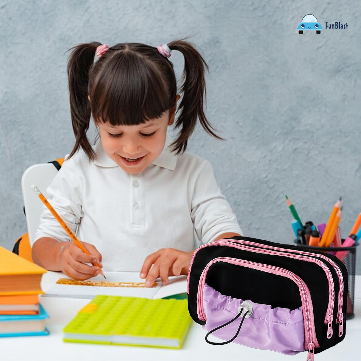 Kawaii Pencil Pouch With Drawstring Pocket  (Black-Pink)