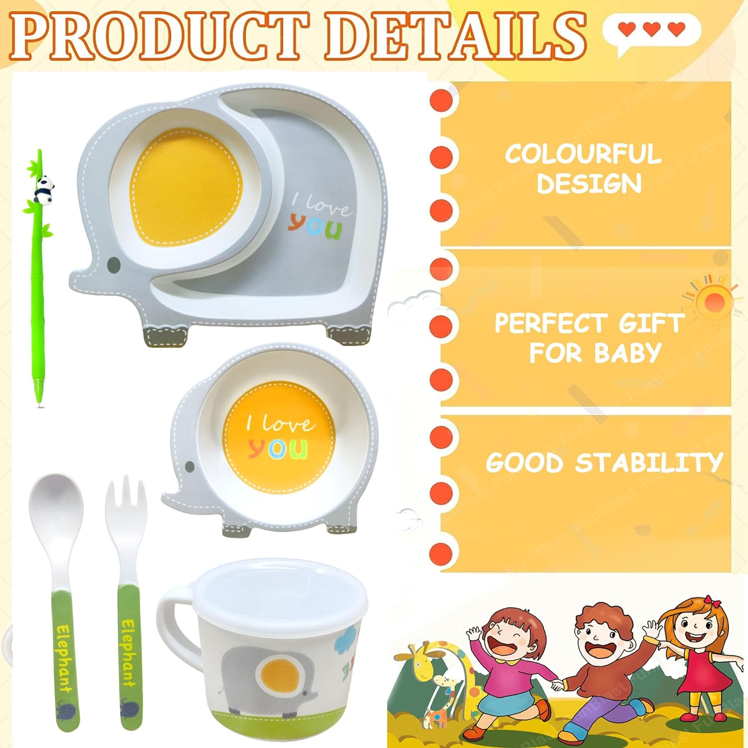 Bamboo Fiber Feeding Tableware Set for Kids – Elephant Design Bamboo Fiber Plate, Bowl, Cup, Spoon and Fork Kids