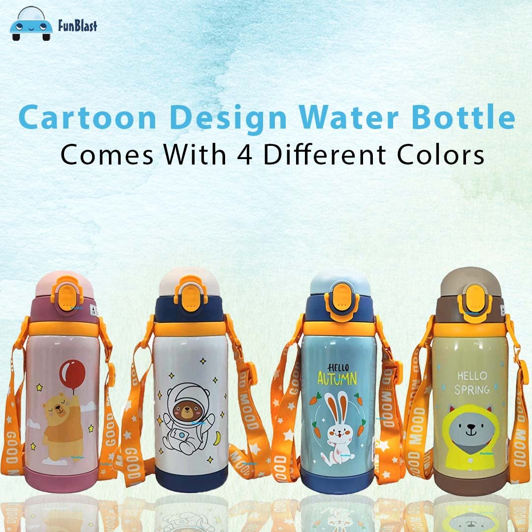 Cartoon Design Hot & Cold Water Bottle for Kids – Dual Cap Bottle with Straw & Wide Mouth Cap – 450ML