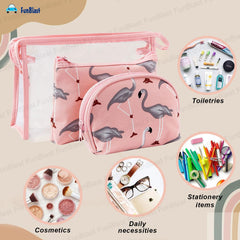 3 Pcs Flamingo Design Makeup Pouch with Zipper Lock for Girls & Women (Peach)