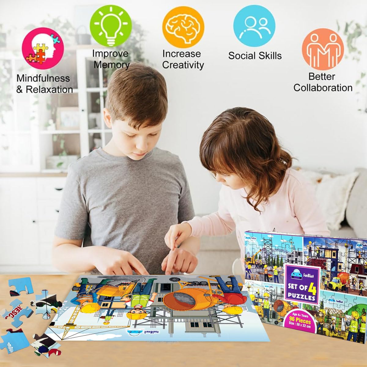 Jigsaw Puzzles for Kids, Building Construction Jigsaw Puzzles for Kids, Learning & Educational Jigsaw Puzzle, Set of 4-96 Pcs Puzzle