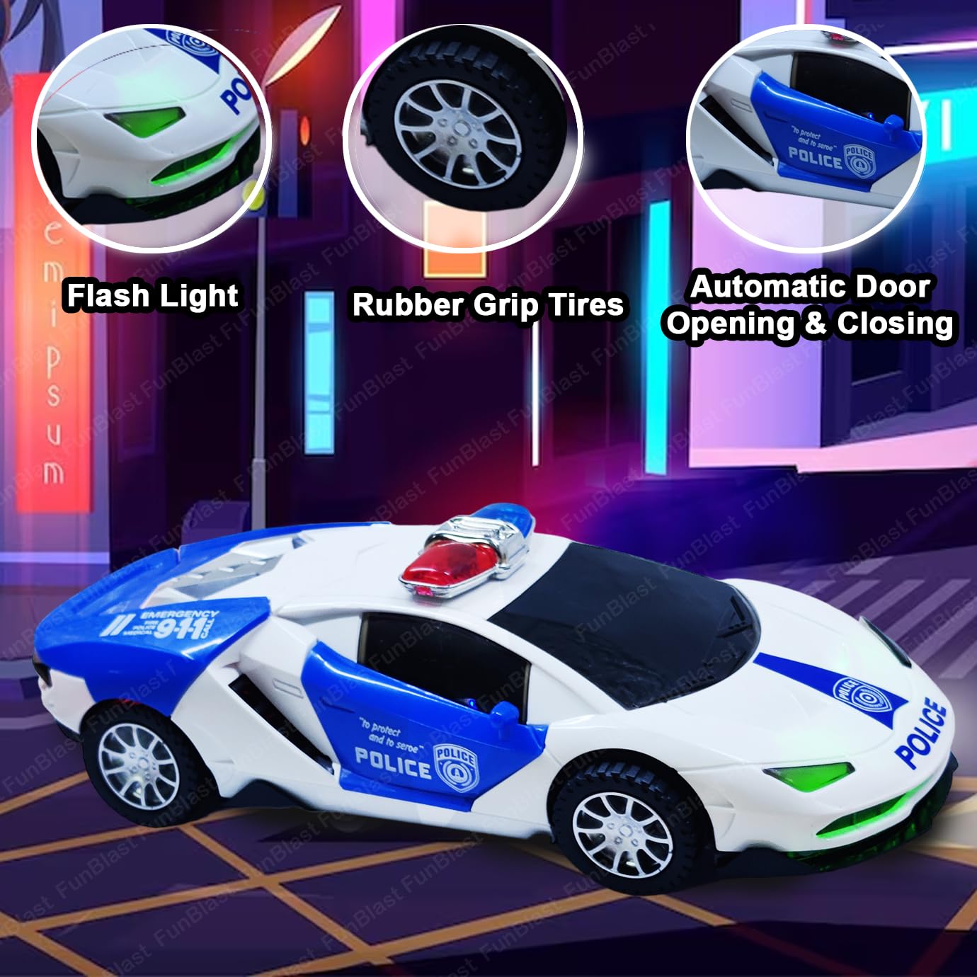 Police Car Toy, Car Toy for Kids with 360 Degree Rotation & Door Opening Siren Sound, B/O Toy Car, Sound & Light Toys for Kids Boys & Girls - Multicolor
