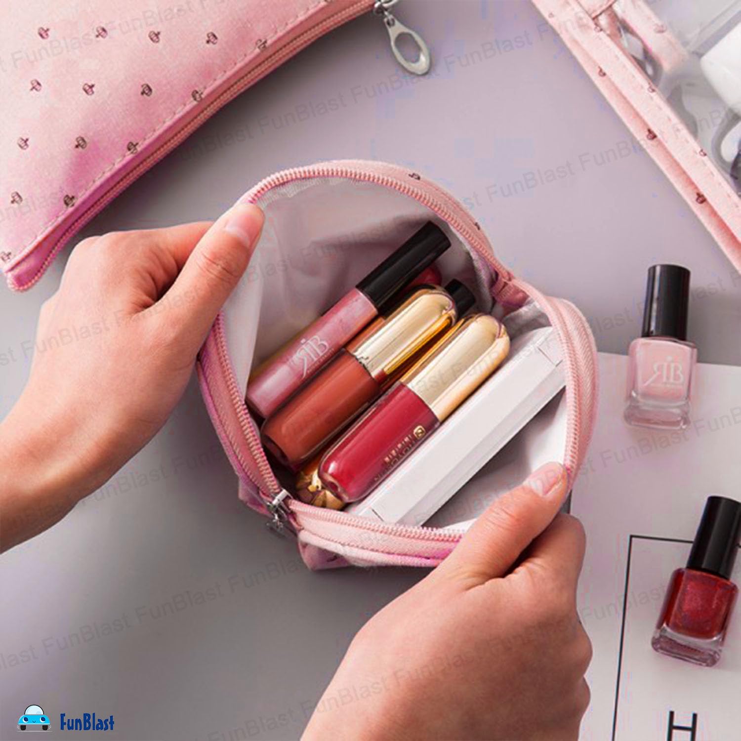3 Pcs Cosmetic Makeup Pouch with Zipper Lock for Women (Pink)
