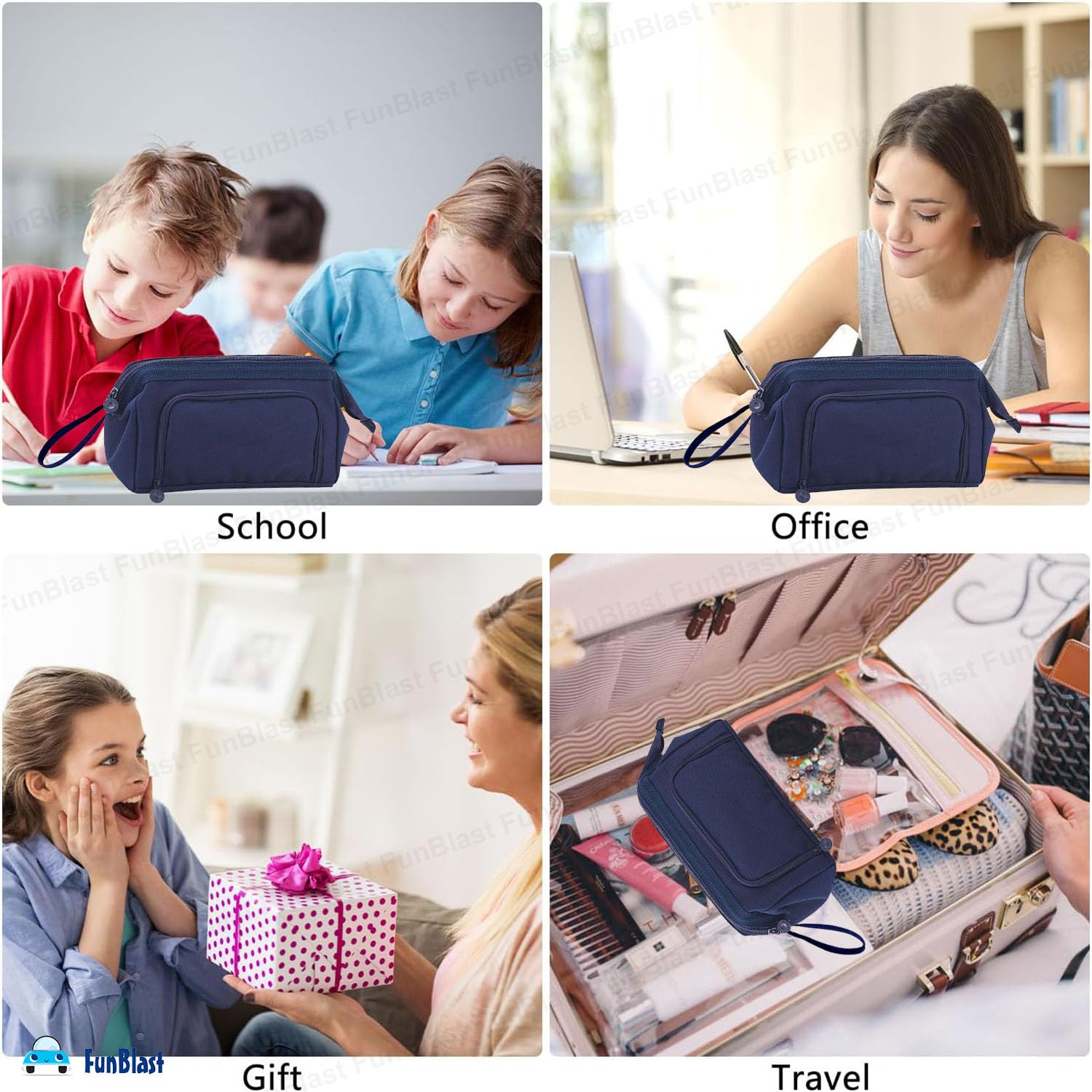 Multipurpose Zipper Pencil Pouch for Kids (Navy Blue)