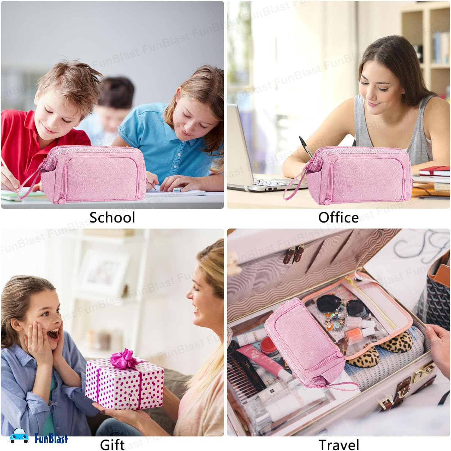 Multipurpose Zipper Pencil Pouch for Kids (Pink)