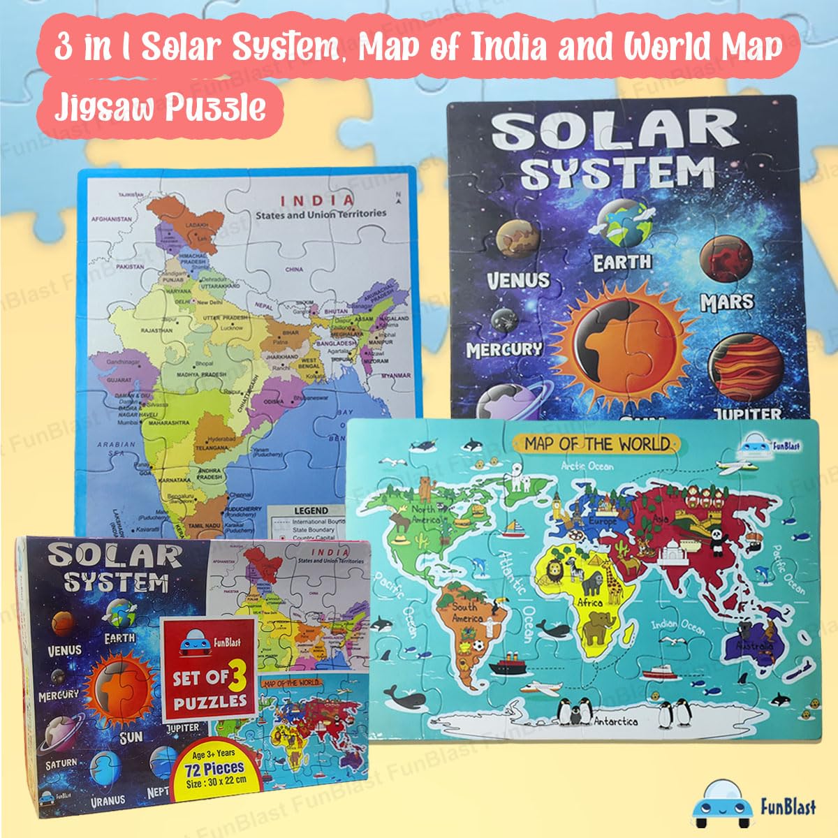 3 in 1 Jigsaw Puzzle for Kids - Solar System, Map of India and World Map Jigsaw Puzzles, Learning and Educational Puzzles for Children – 72 Pcs Puzzles