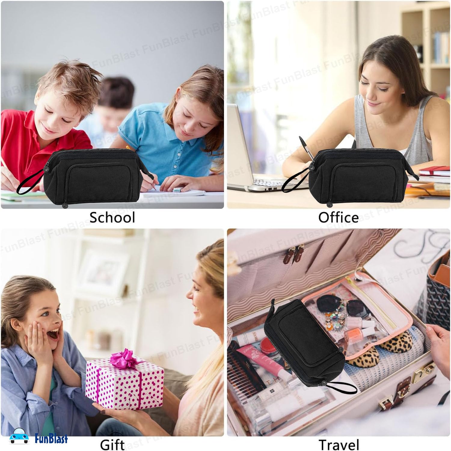 Multipurpose Zipper Pencil Pouch for Kids (Black)