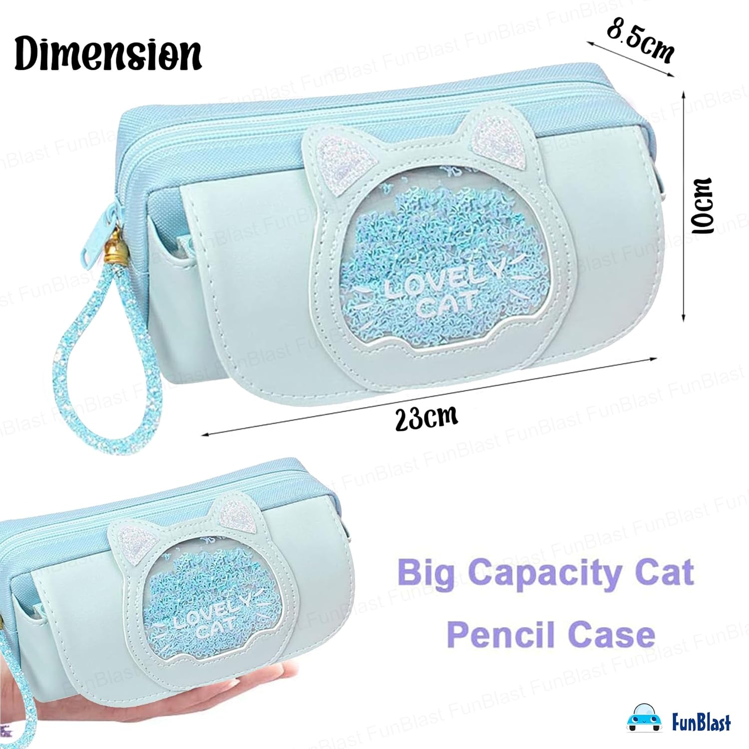 Cat Design Stationery Pouch with Zipper Lock for Girls (SkyBlue)