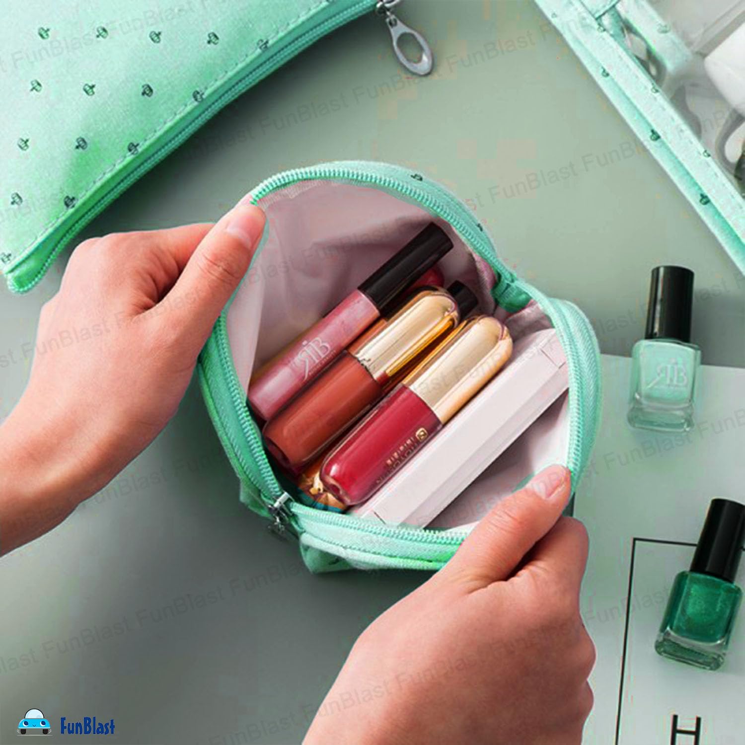 3 Pcs Cosmetic Makeup Pouch with Zipper Lock for Women (Green)