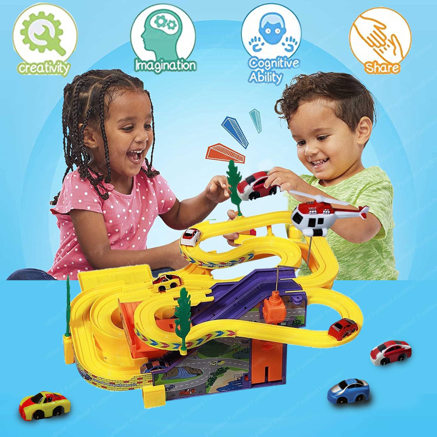 Track Racing Set with 4 Pcs Gliding Cars, Track Racer with Sound & Lights for Kids