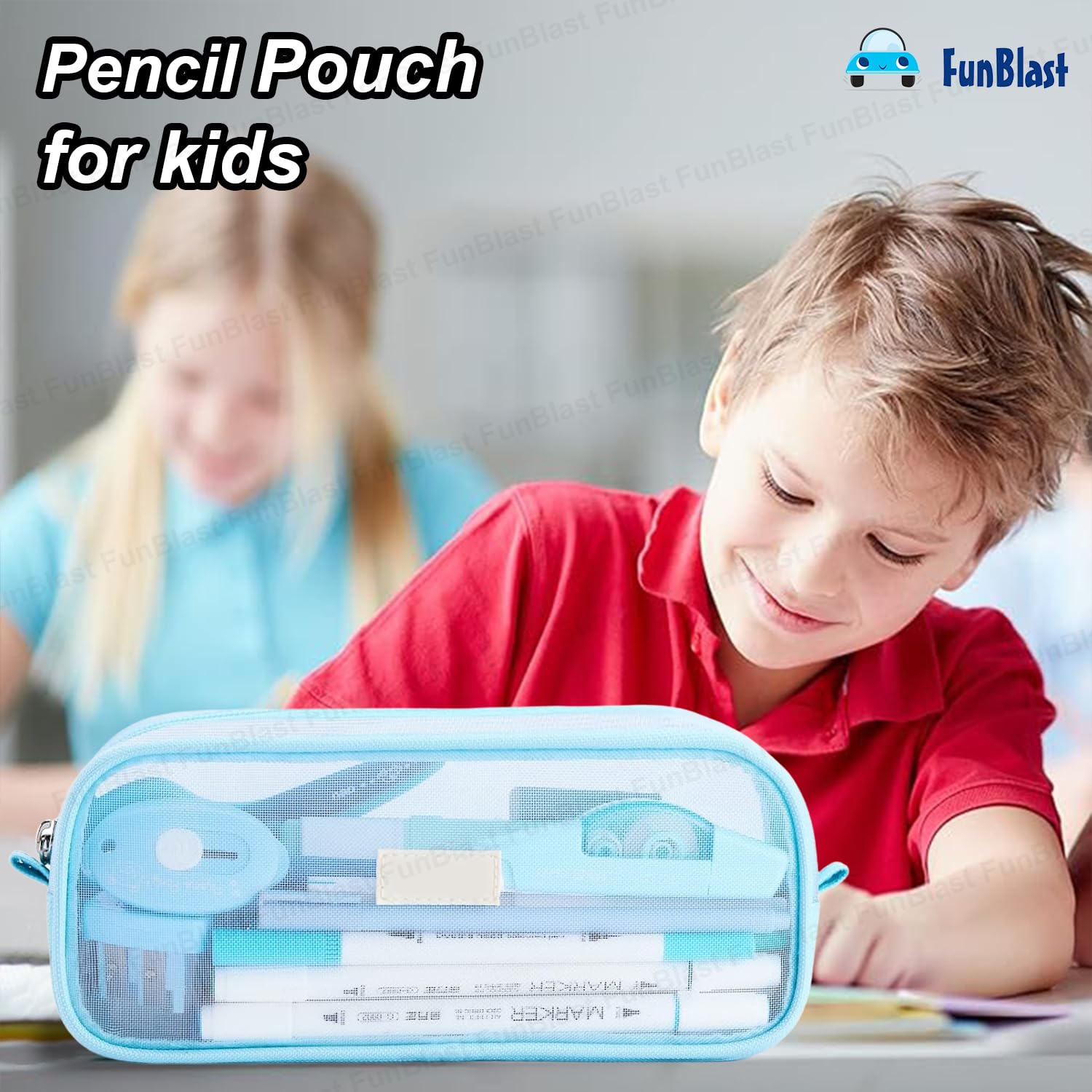 Transparent Pencil Pouch with Zipper Closure for Students (Blue)