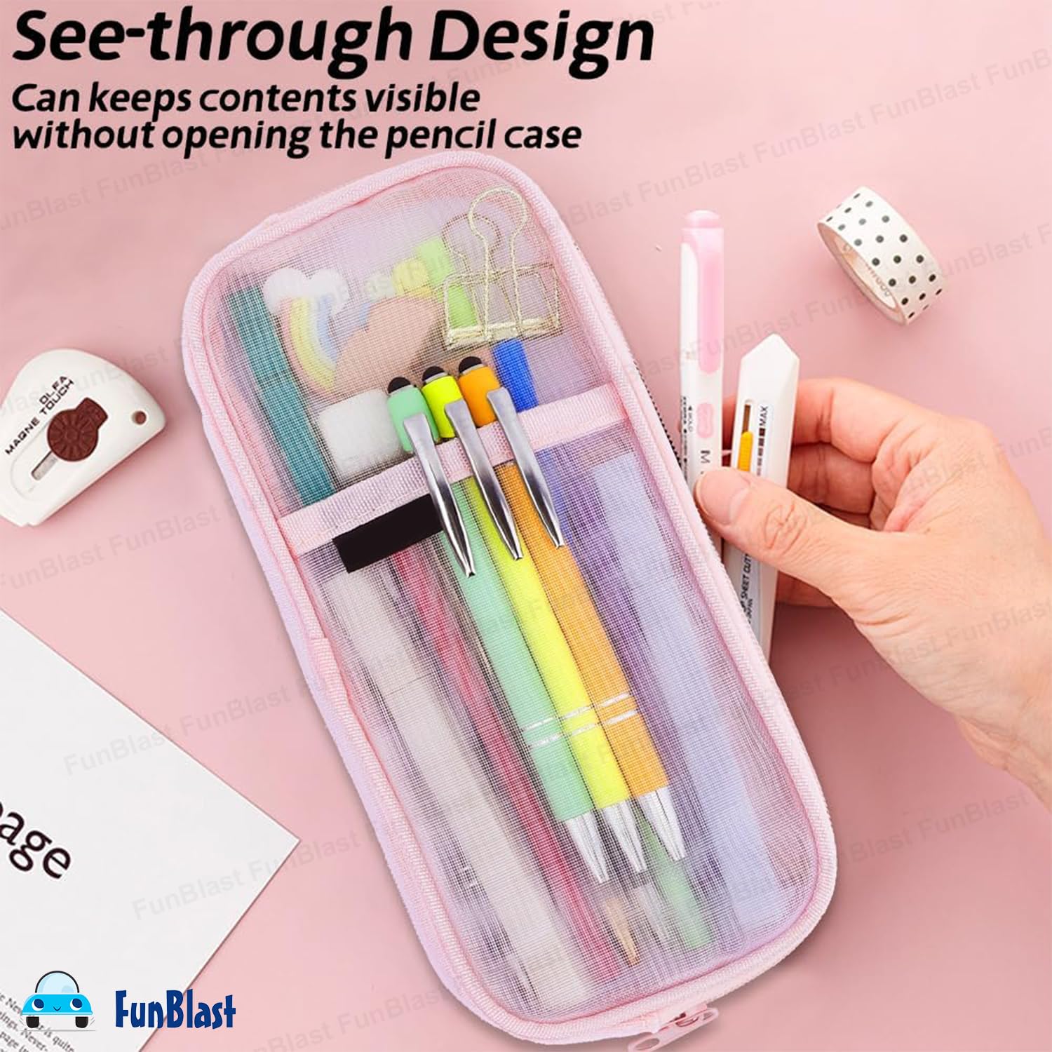 Transparent Pencil Pouch with Zipper Closure (Pink)