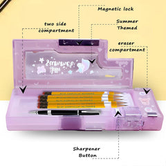 Magnetic Pencil Case with Sharpener – Hello Summer Themed Luxury Pencil Box for Kids – Stationary Organizer Pencil Box for Girls