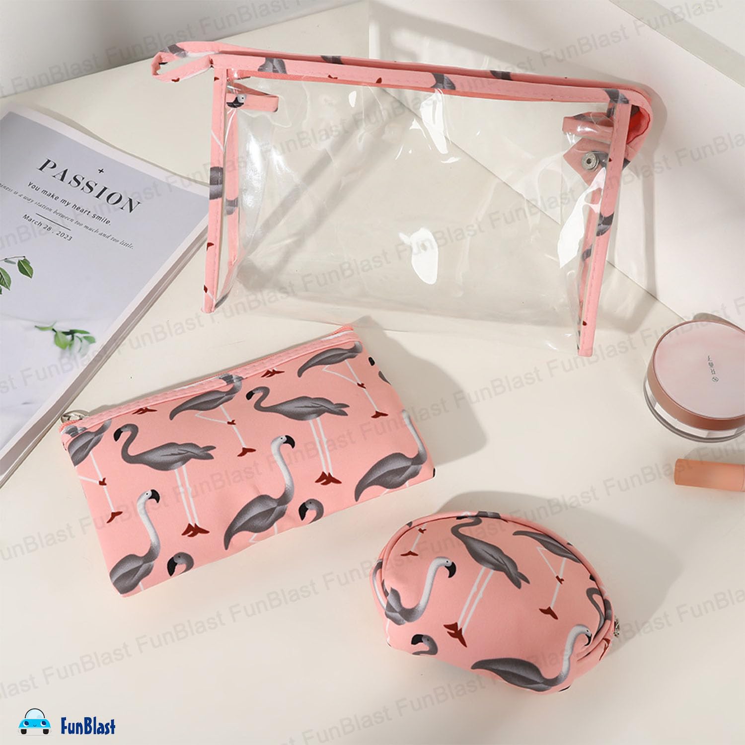 3 Pcs Flamingo Design Makeup Pouch with Zipper Lock for Girls & Women (Peach)
