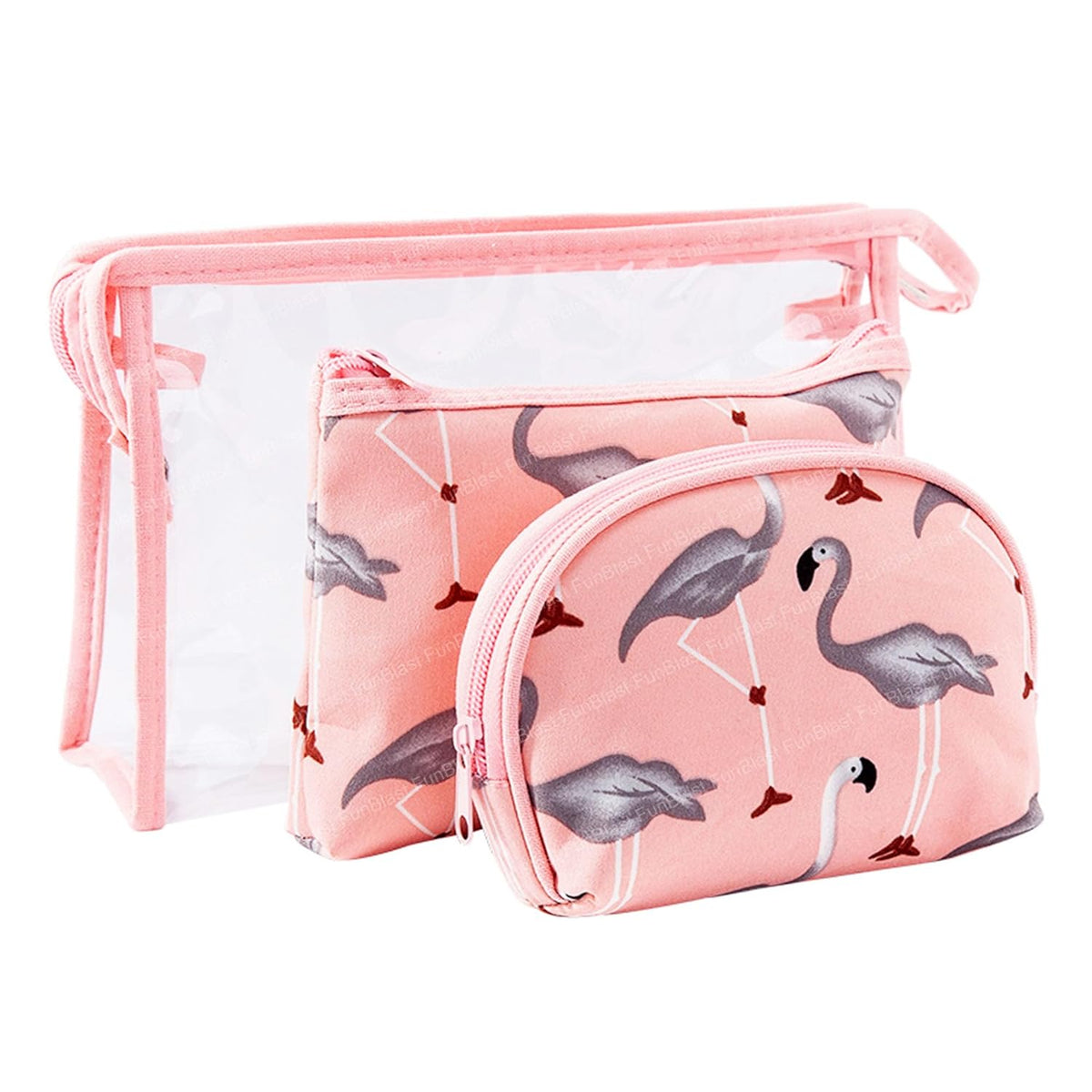 3 Pcs Flamingo Design Makeup Pouch with Zipper Lock for Girls & Women (Peach)