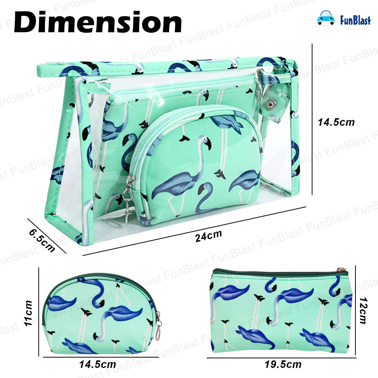 3 Pcs Flamingo Makeup Pouch with Zipper Lock for Girls & Women (Green)