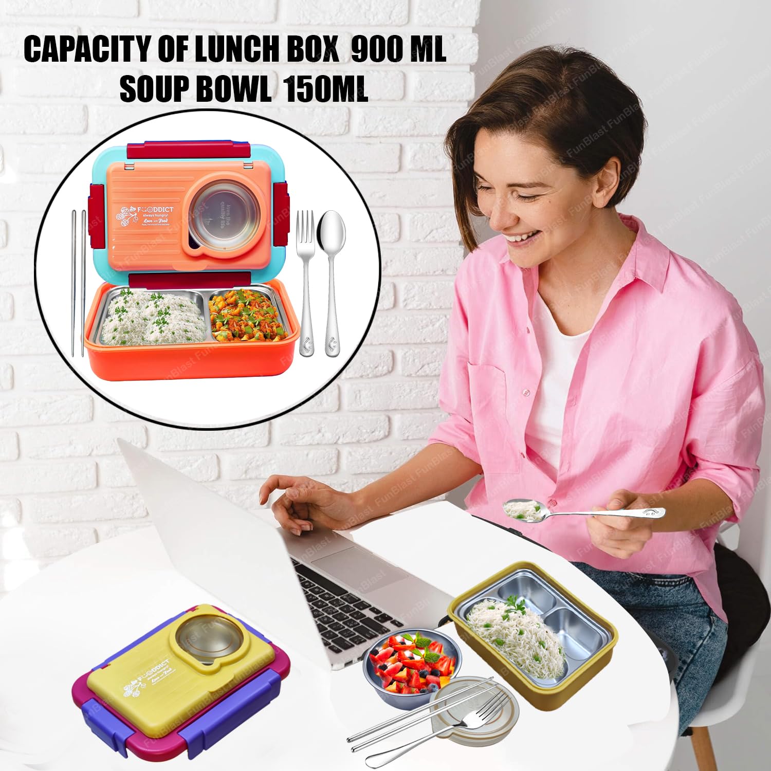 Lunch Box for Kids – Tiffin Box, Stainless Steel Lunch Box, Insulated Bento Lunch Box for Kids, 5 Compartment Lunch Box with Bowl, Spoon, Fork & Chopstick (Peach)