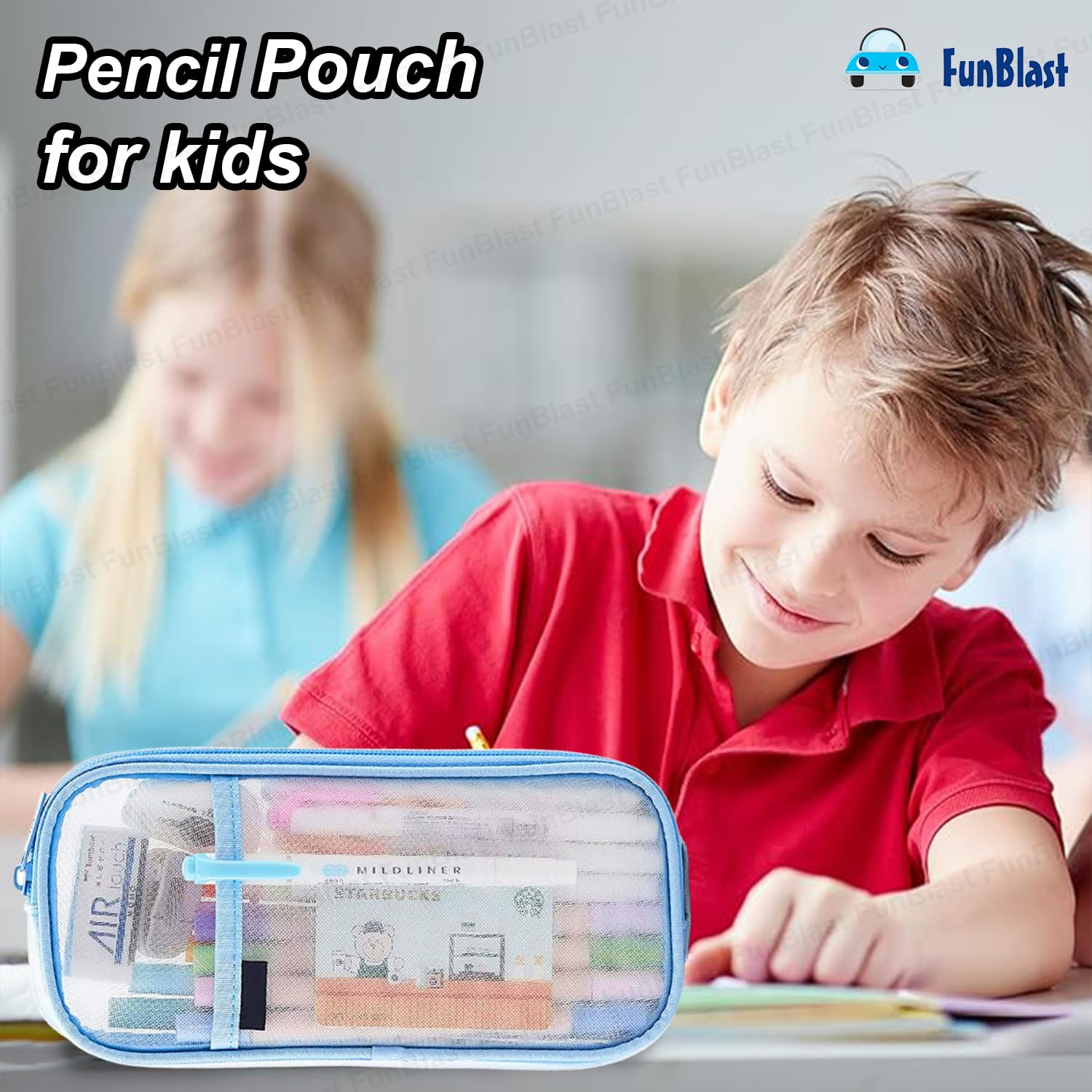 Transparent Pencil Pouch with Zipper Closure for Students (Blue)