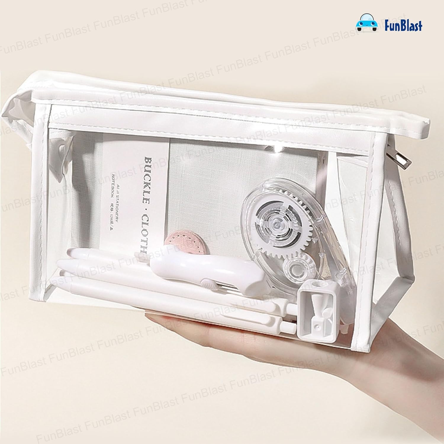 Transparent Portable Makeup Pouch with Zipper Closure for Girls (White)