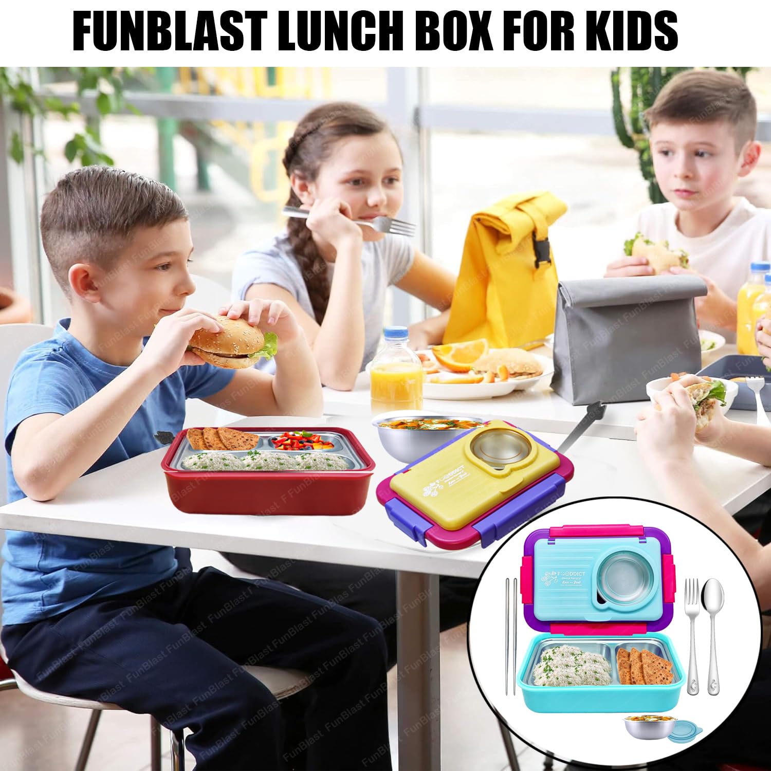 Lunch Box for Kids – Tiffin Box, Stainless Steel Lunch Box, Insulated Bento Lunch Box for Kids, 5 Compartment Lunch Box with Bowl, Spoon, Fork & Chopstick (Blue)
