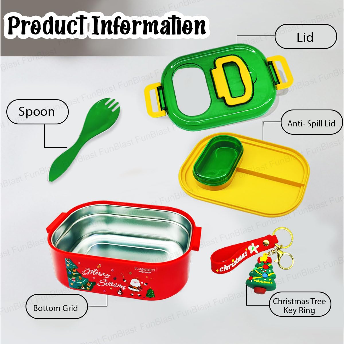 Christmas Theme Lunch Box with Spoon and Christmas Tree Key Ring, Lunch Box for School Kids, SS304 Lunch Box, Tiffin Box for School, Insulated Lunch Box