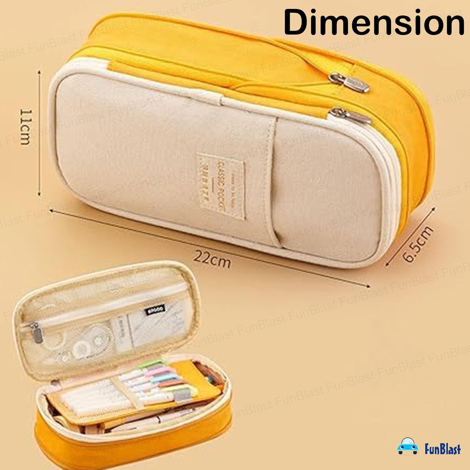 Multi-Compartment Double Zipper Portable Pencil  Pouch for Kids (Yellow)