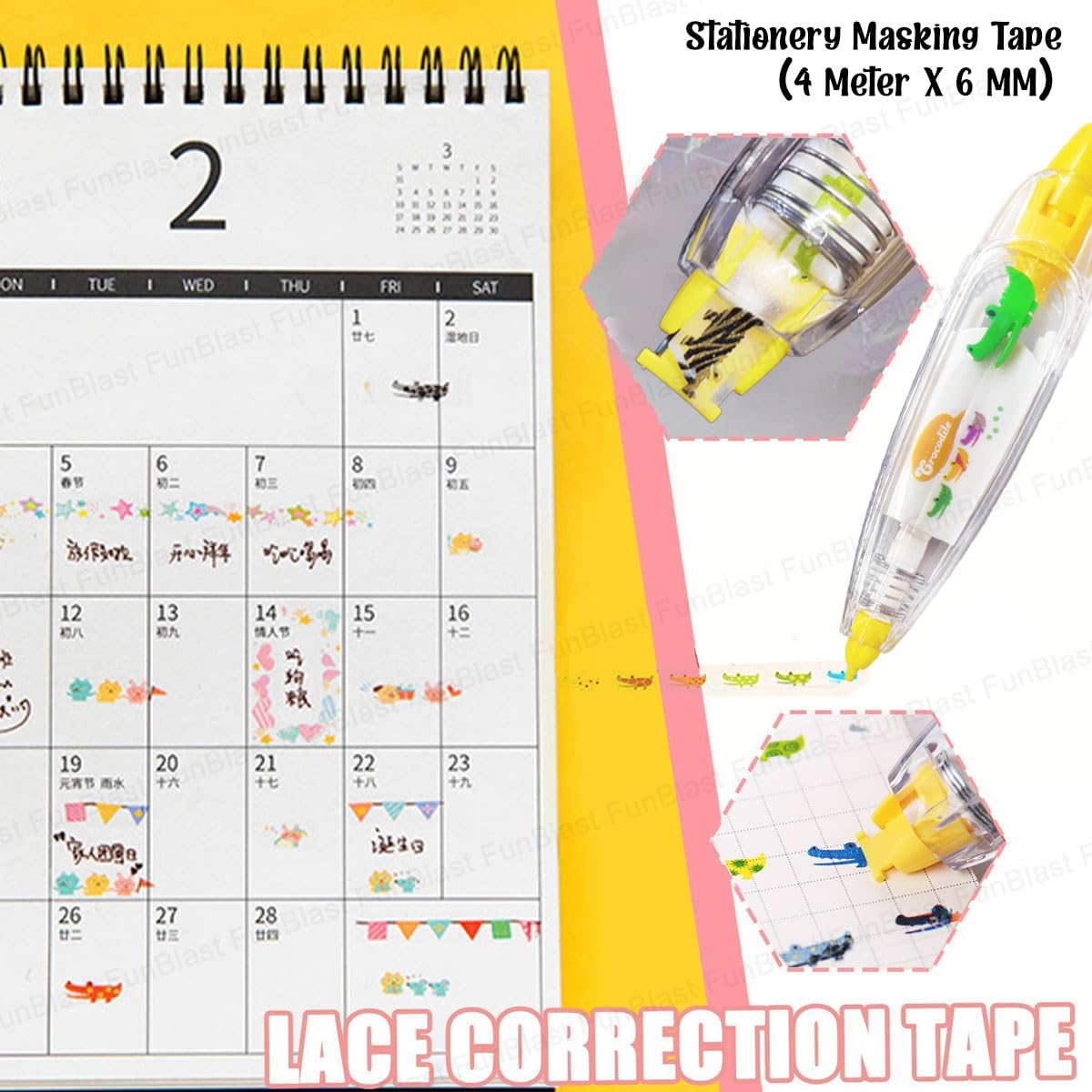 Decoration Tape Cute Novelty Sticker Pen Machine Decorative Correction Tape for Scrapbooking Diary Planner Journal DIY Crafts Stationery Masking Tape (4 Meter X 6 MM) (Random Design)