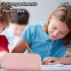 Multi-Compartment Canvas Stationery Organizer Pouch for Kids (Pink)