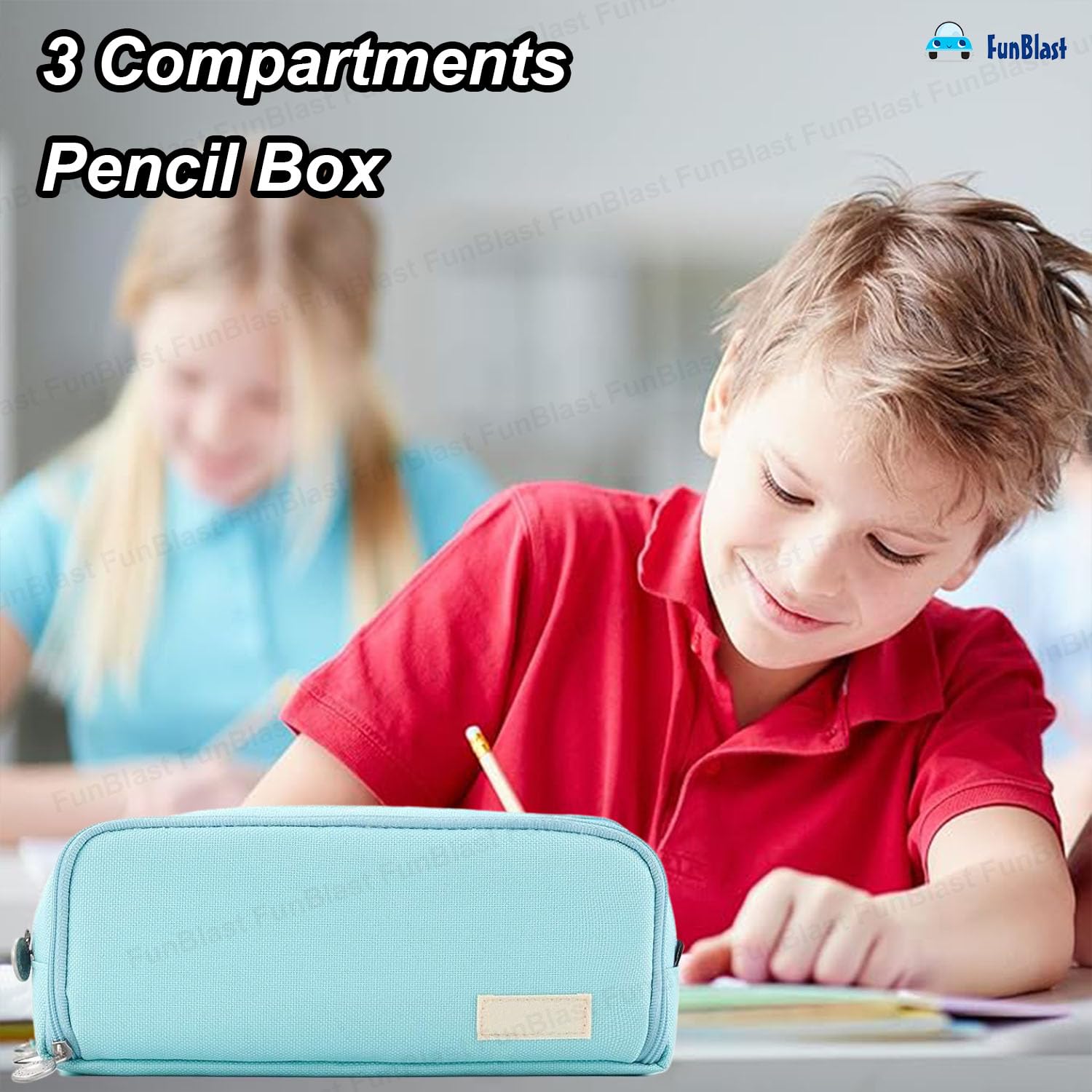 Multi-Compartment Canvas Stationery Organizer Pouch for Kids (Sky Blue)