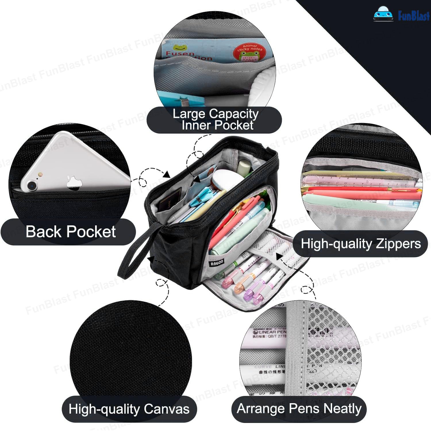 Multipurpose Zipper Pencil Pouch for Kids (Black)